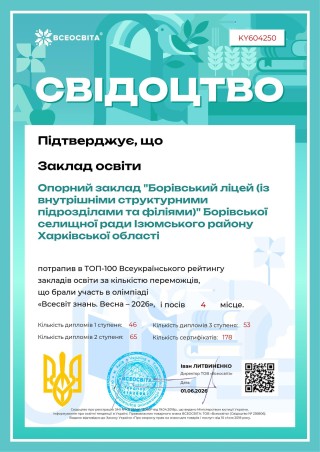 Борівський ліцей у ТОП-4 найкращих закладів освіти України за результатами Всеукраїнської олімпіади "Всеосвіта"!